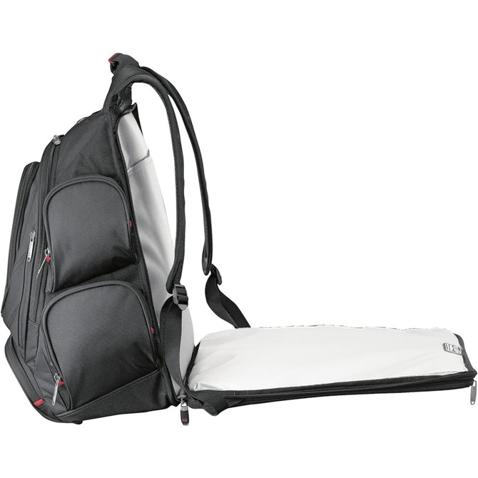 A black checkpoint-friendly backpack with multiple compartments and a flat opening for easy access. 