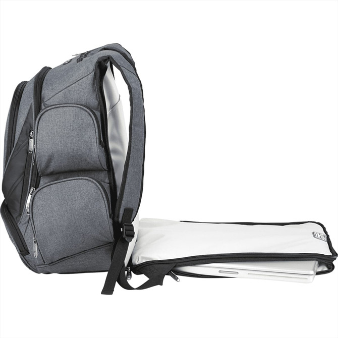 A grey backpack with multiple pockets, featuring a padded compartment for a laptop and an open design.