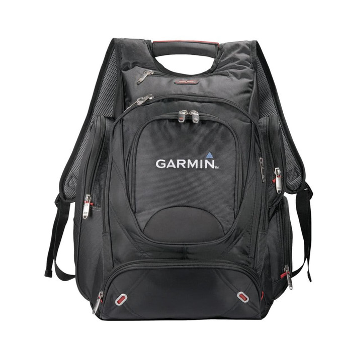 A black backpack with multiple compartments and mesh side pockets, featuring a branding logo on the front.