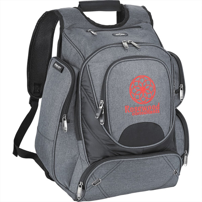 A grey backpack with multiple compartments, featuring a logo and padded straps for comfort.
