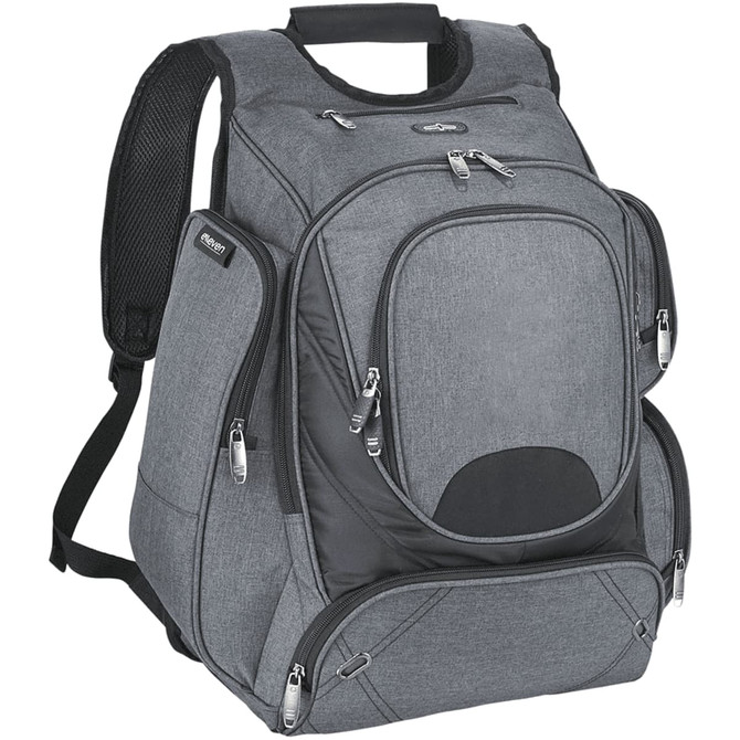 A grey, checkpoint-friendly backpack with multiple compartments and a logo, designed for carrying laptops and equipment.