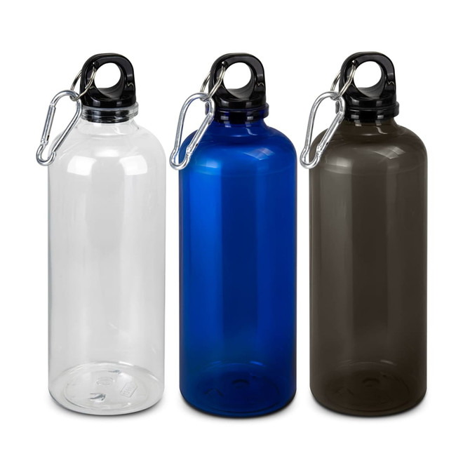 A drink bottle collection featuring clear, blue, and dark grey bottles, each with a black cap and carabiner.