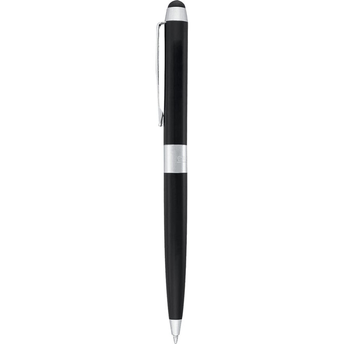 A black stylus pen with a silver band and clip, featuring both a ballpoint and stylus tip.