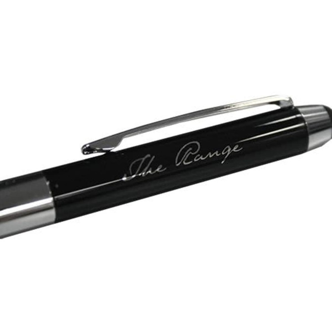 A black dual ballpoint stylus pen with a shiny silver clip, featuring a branding logo.