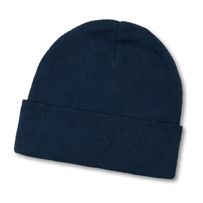 A blue beanie with a folded cuff and a textured finish, featuring a logo on one side.