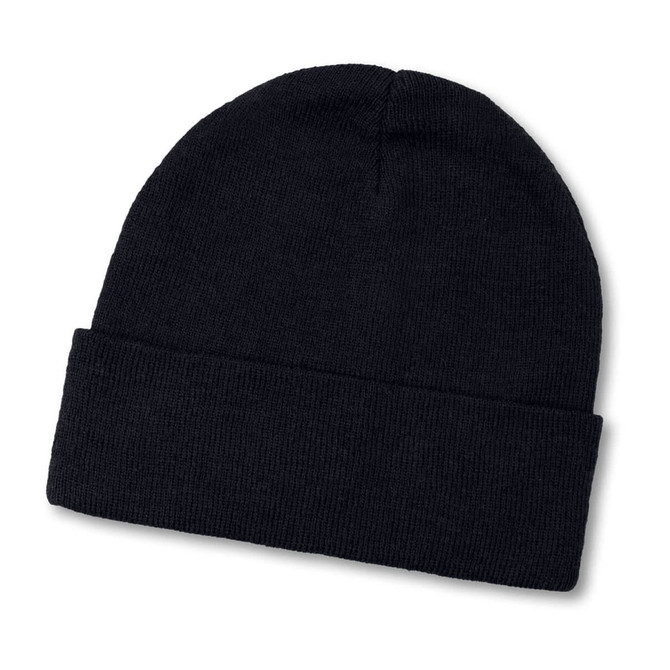A navy beanie with a rolled cuff and a textured knit design. It features a logo.