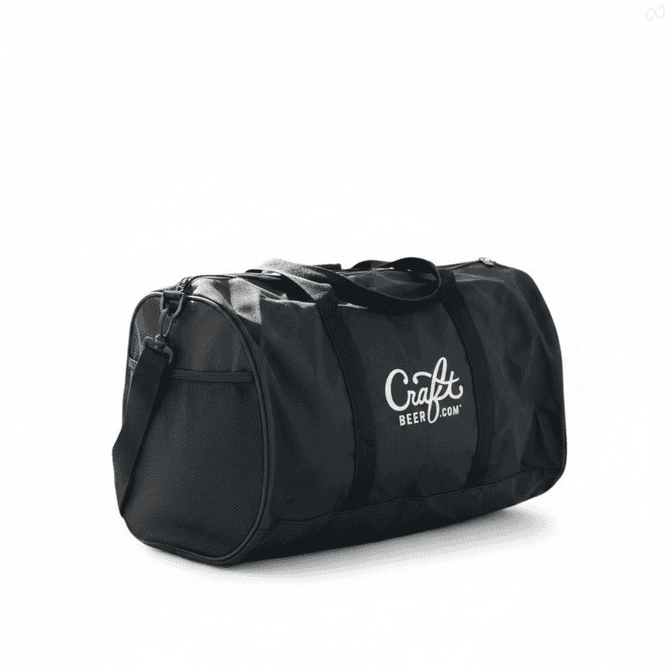 A black duffle bag with a logo, featuring a zippered main compartment and handles.