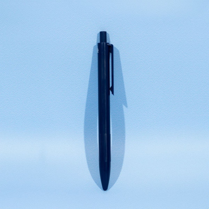 A black eco plastic ballpoint pen with a sleek design and a clip for easy attachment. It features a logo.