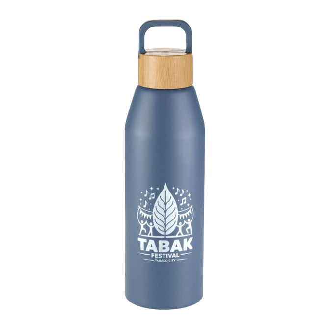 A drink bottle in matte blue with a bamboo lid and a logo on the front. Holds 1 litre.