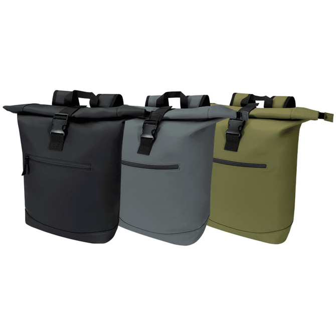 A trio of Resi Recycled Roll-Top 18L Backpacks in black, grey, and olive green, featuring a logo and front pocket.