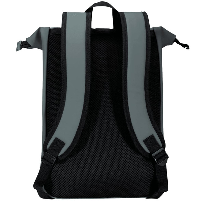 A grey and black roll-top backpack featuring padded straps and a mesh back. Includes a logo on the exterior.