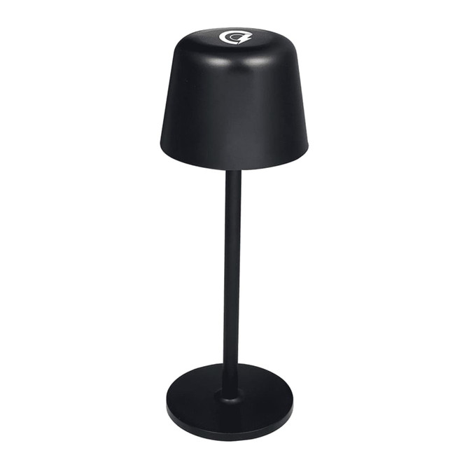A black recycled mini rechargeable lamp with a conical shade and a circular base, featuring a logo.