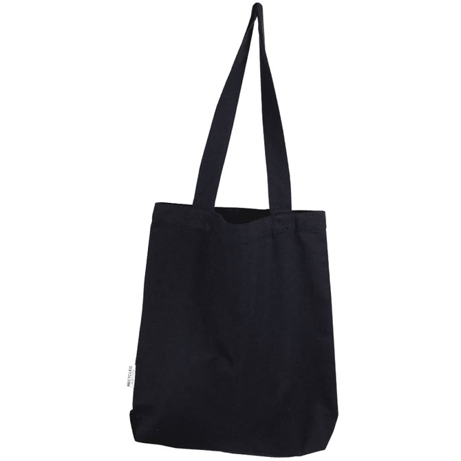 A black tote bag with two long handles, featuring a simple design and a logo on the side.