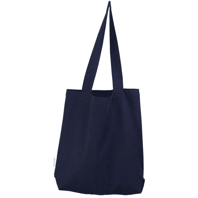 A navy tote bag with two shoulder straps and a simple design. It features a logo on the side.