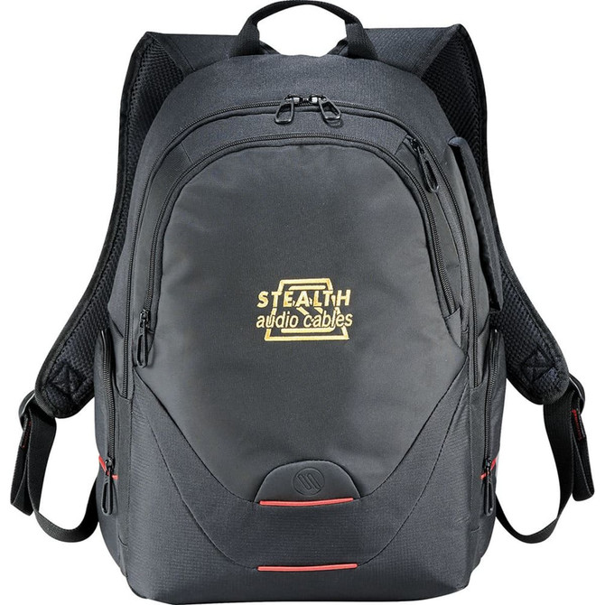 A black backpack with various compartments and a logo. It features padded shoulder straps and a sleek design.