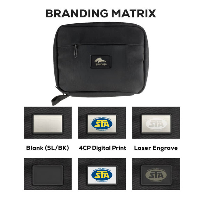 A black accessory pouch featuring a logo, with options for branding on a variety of surfaces.