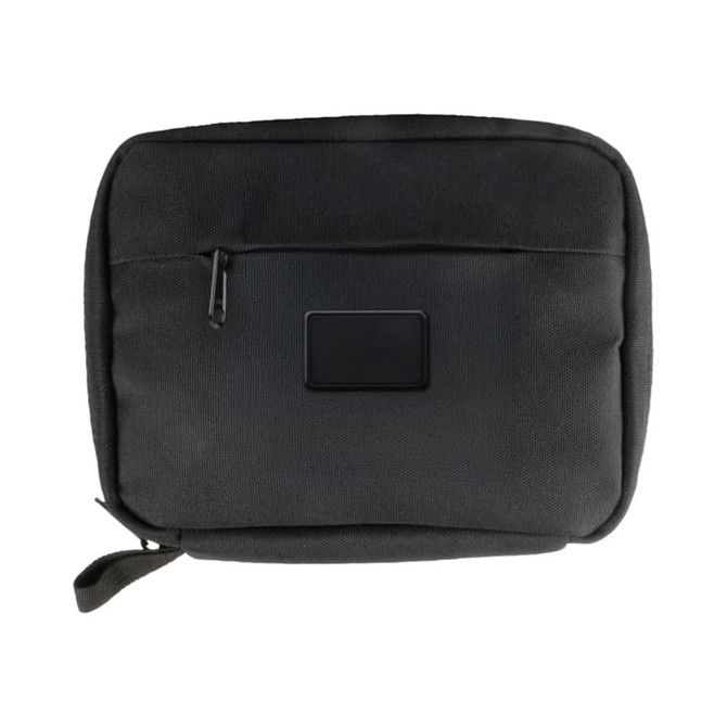 A black eco accessory pouch with a zippered closure and a front pocket featuring a logo.