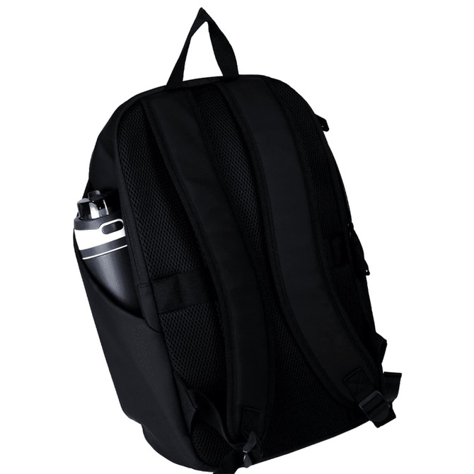 A black recycled anti-theft backpack with mesh straps and a side pocket for a drink bottle.