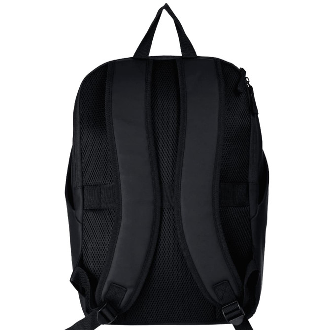 A black backpack with padded straps and a mesh back, featuring a zip closure and a logo.