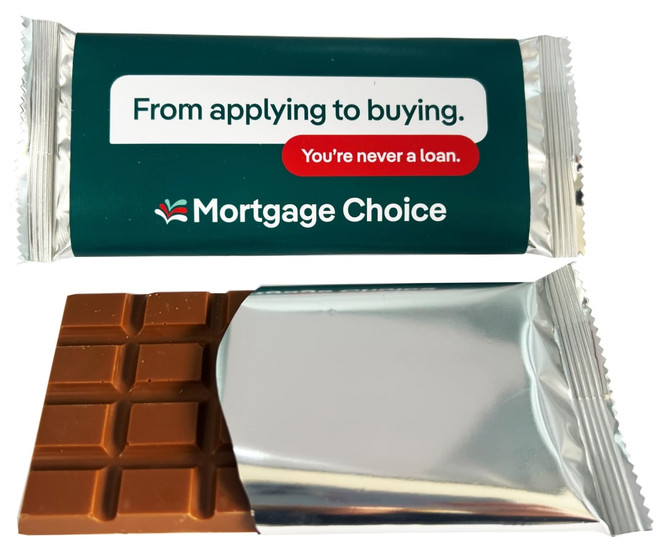 An 80g chocolate bar in a silver wrapper with a logo and green packaging, featuring a milk chocolate interior.