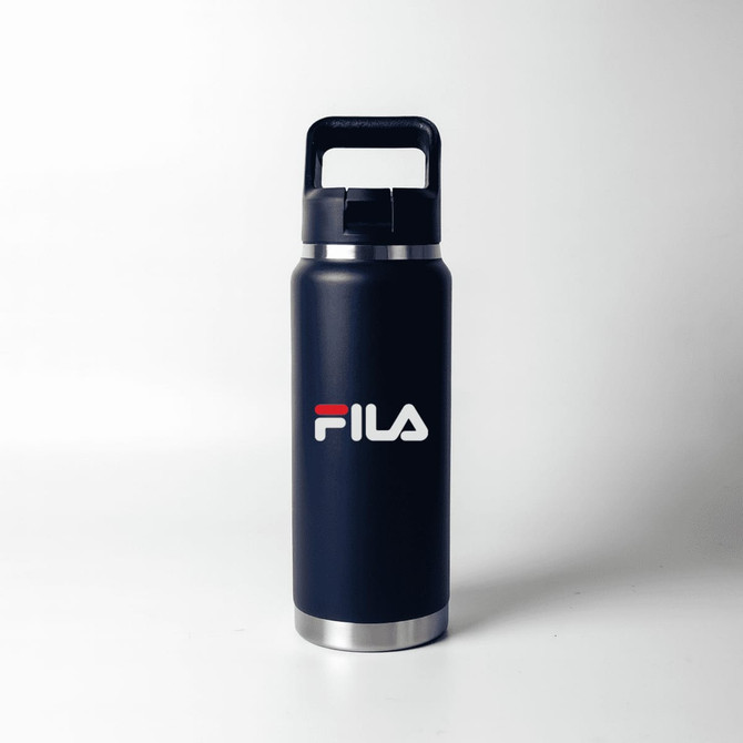 A drink bottle in a navy blue finish with a stainless steel base and a sturdy handle.