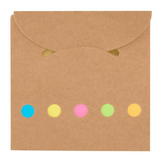 A brown envelope featuring five colourful dots in blue, pink, green, and yellow. It has a logo on the front.