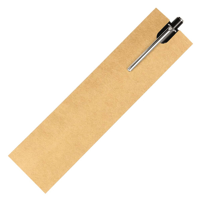 A brown cardboard pen sleeve with a silver pen partially inserted, featuring a small logo.