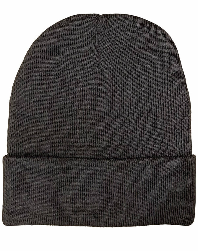 A dark grey beanie with a rolled cuff, made from rPET fabric, featuring a small logo.