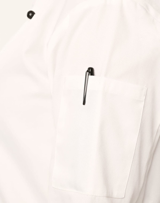 A white unisex executive chef jacket featuring a pen pocket and a logo on the sleeve.