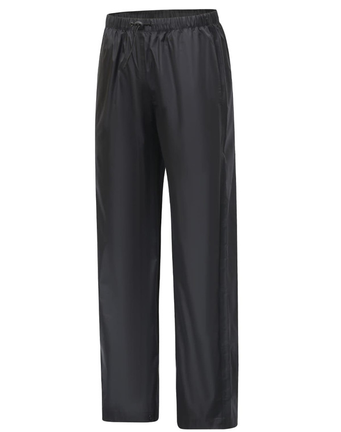 Lightweight nylon waterproof rain pants in black with an elastic waistband and a simple design. Features a logo.