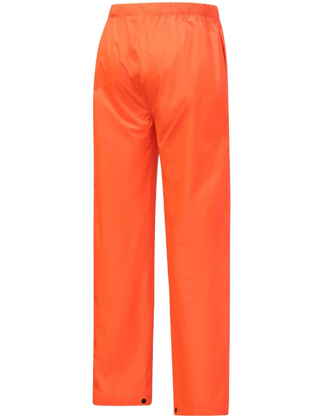 Lightweight nylon waterproof rain pants in bright orange, featuring an elastic waistband and a simple design.
