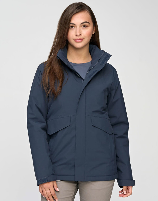 A unisex quilted waterproof jacket in navy blue, featuring a high collar and two front pockets. It has a logo on it.