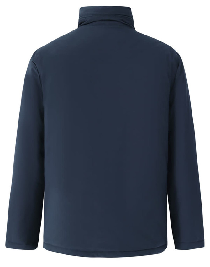 A unisex quilted waterproof jacket in navy blue, featuring a collar and a simple design, with a logo on the back.