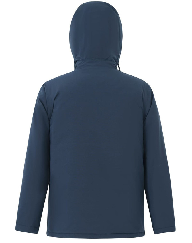 A navy unisex quilted waterproof jacket with a hood, featuring a simple design and no visible branding.
