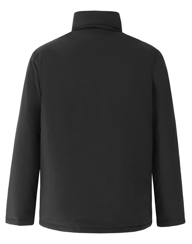 A unisex quilted waterproof jacket in black, featuring a simple, clean design and a collar. It has a branding logo.