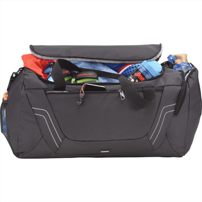 A black duffel bag with multiple compartments, packed with various items including clothing and a drink bottle.