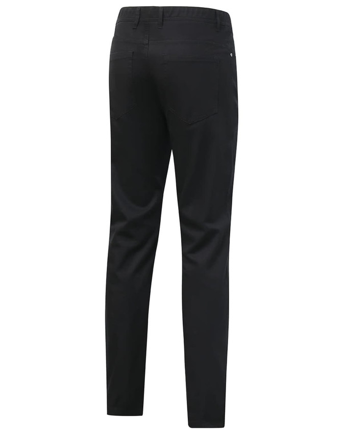A pair of black ladies' chino pants featuring a slim fit and a flexible waistband, with a logo on the back.