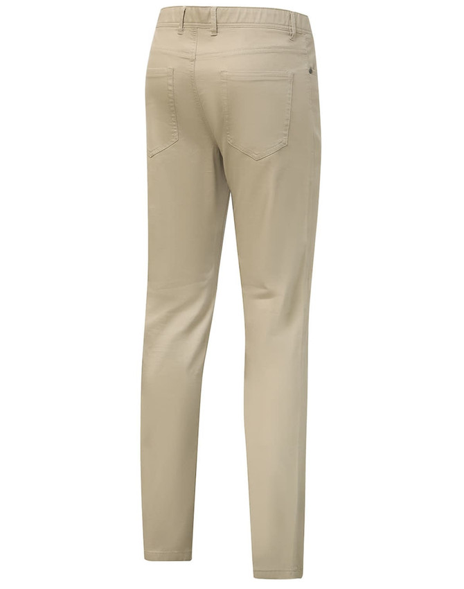 Ladies' flexi chino pants in beige, featuring a slim fit and back pockets. Includes a logo detail.