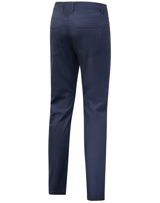 A pair of navy ladies' chino pants viewed from the back, featuring a slim fit and back pockets.