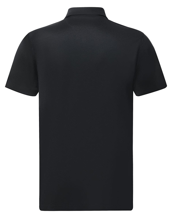 A black men's sustainable jacquard knit short-sleeve polo shirt featuring a collar and a logo.