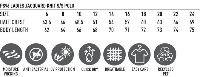 A size chart for a ladies' sustainable jacquard knit short-sleeve polo, featuring various attributes and measurements.