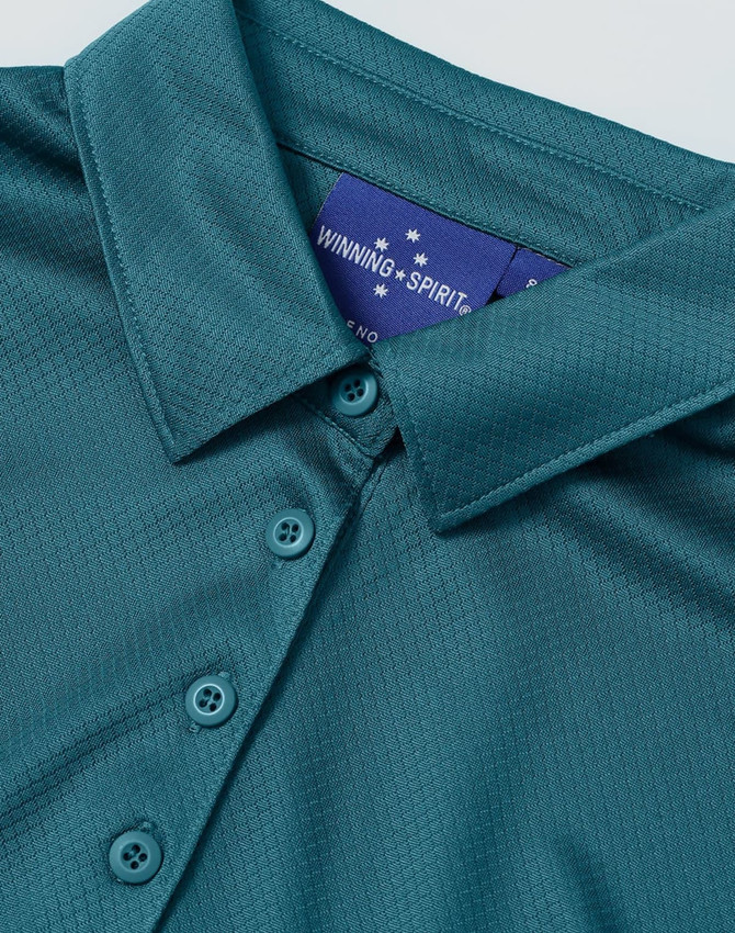 A teal sustainable jacquard knit short-sleeve polo featuring a collar and buttons, with a branded tag.