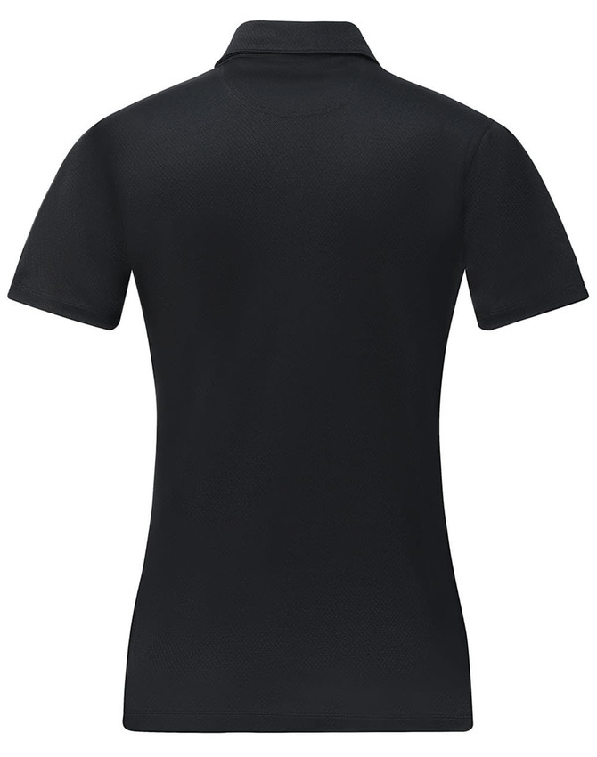 A black Ladies' Sustainable Jacquard Knit short sleeve polo with a classic collar and back view. It features a logo.