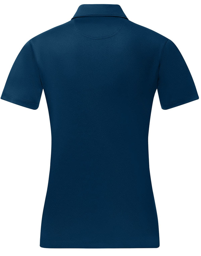 A navy blue ladies' sustainable jacquard knit short sleeve polo shirt with a plain back and a collar.