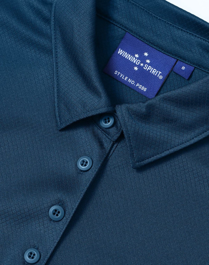 A dark blue sustainable jacquard knit short sleeve polo with a button-up collar and a branded label.