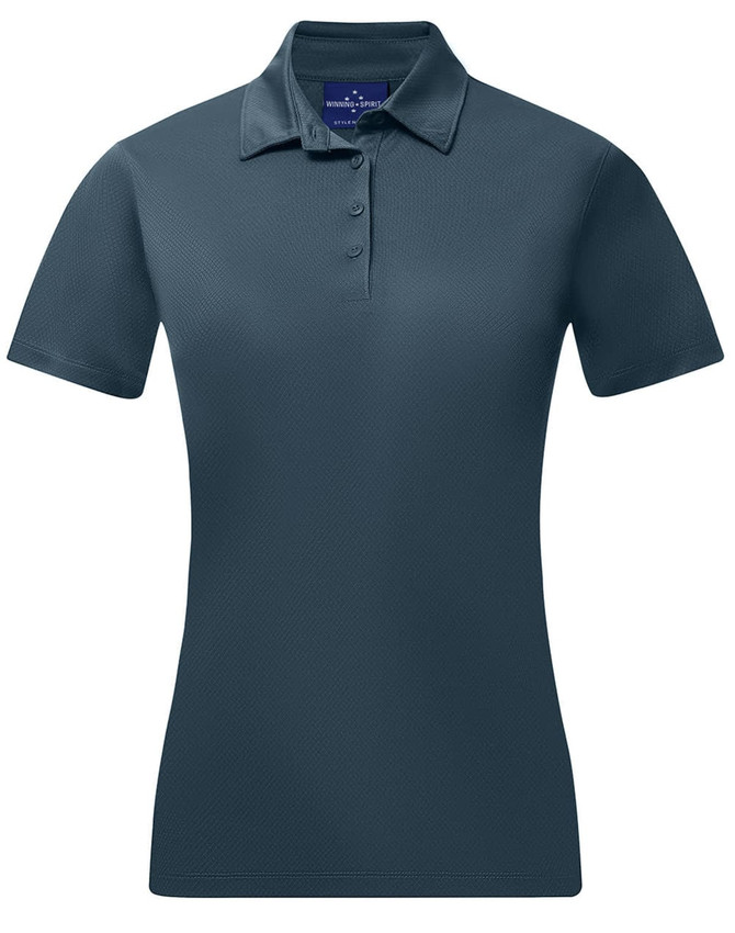 ALadies' sustainable jacquard knit short-sleeve polo in dark blue with a collar and button placket.