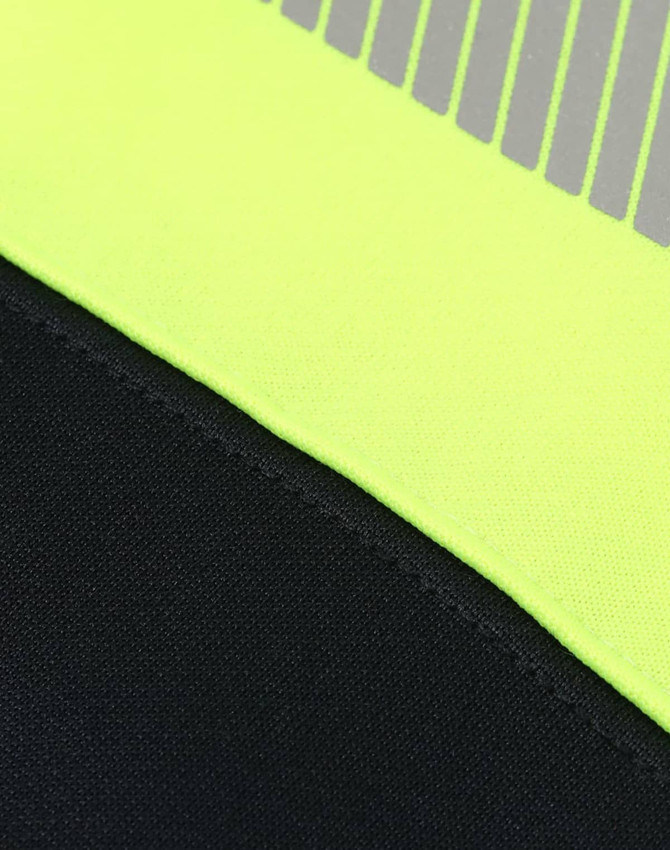 A high-visibility two-tone safety hoodie featuring segmented reflective tape in bright yellow and black fabric.