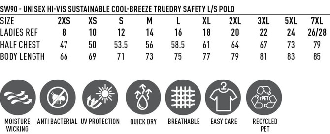 A size chart for a Hi-Vis Sustainable Cool-Breeze Truedry Safety L/S Polo, detailing measurements and features.