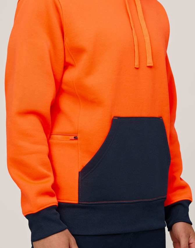 A two-tone water-resistant fleece hoodie featuring bright orange and navy colours, with a front pocket and drawstring hood.