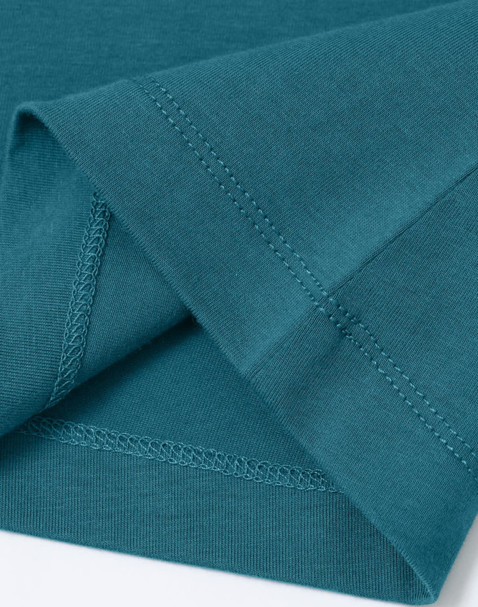 A close-up of a teal men's premium cotton t-shirt, highlighting the fabric and stitching details.